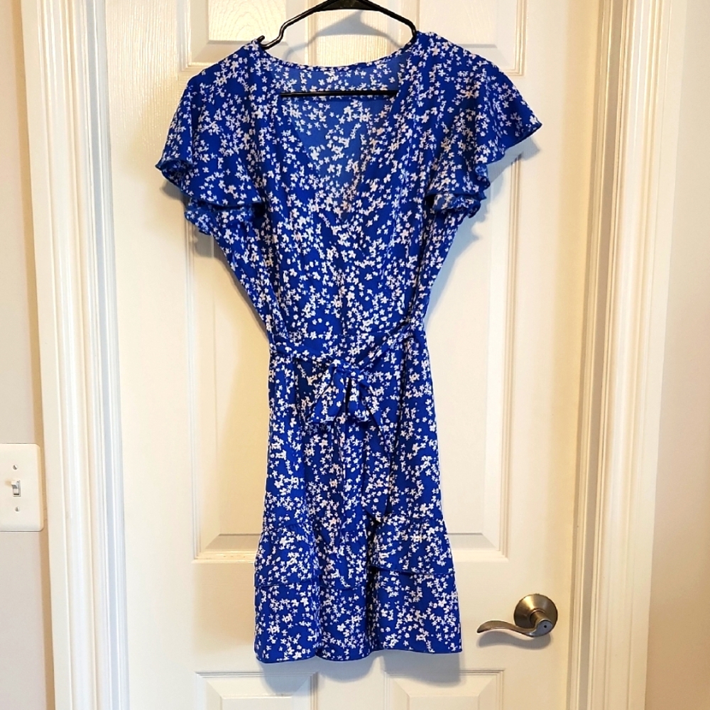 Blue Faux Wrap Ditsy Floral Dress